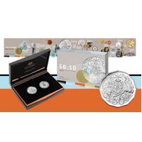 2015 50.50 2 coin set (1966 round + 2015 "C" Mintmark Proof) Fifty Years of the Royal Australian Mint