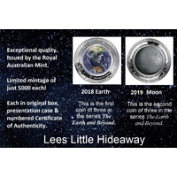 EARTH & MOON - AUSTRALIA 2018 & 2019 $5 1oz PROOF COINS THE EARTH AND BEYOND SERIES (1 of each)